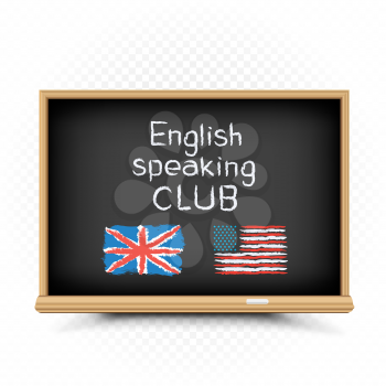 English speaking club text message draw on chalkboard on white background. English language education lessons illustration