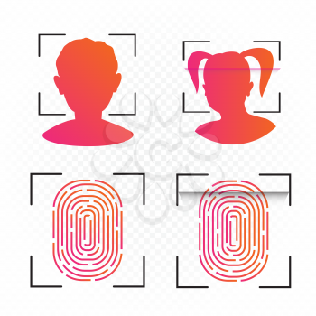 Face and touch id sign set on white transparent background. Scanning identification security technology. Person verification