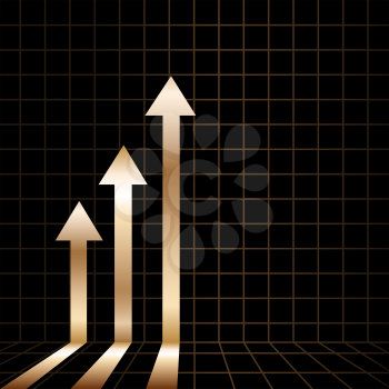 Golden arrow graph on checkered dark black background. Business growth graphic