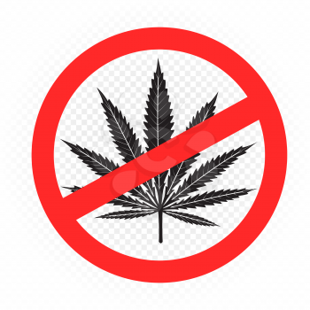 Cannabis drug prohibition sign on white transparent background. Stop marijuana symbol template. Hemp leaf silhouette in red forbidden round shape