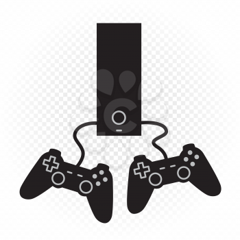 Computer games console and joysticks on white transparent background. Black gamepads silhouette symbol. Simple joypads and play box sign