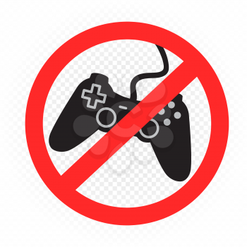 Prohibition sign to play computer game on white transparent background. Play console forbidden symbol. No games sticker template