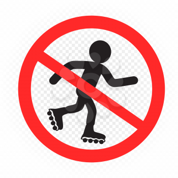Child roller skating ban sign symbol on white transparent background. No roller skates sticker. Human skate prohibition label template