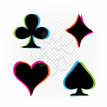 Playing cards sign in colored glitch effect on white transparent background. Set of suits deck cards for casino poker