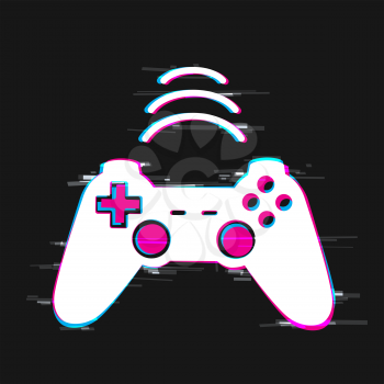 Glitch gamepad computer icon. Games console joystick on dark background. White joypad silhouette symbol