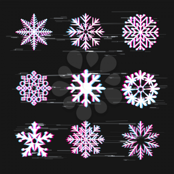 Glitch snowflake icon set on dark background. Christmas holiday white snow symbol collection