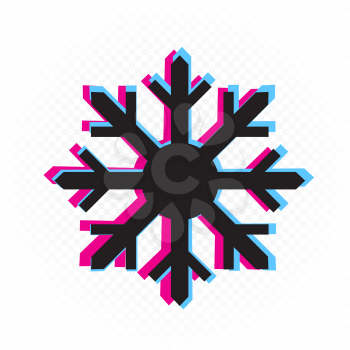 Glitch snow sign on white transparent background. Christmas black snowflake symbol