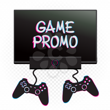 Game promo mockup. Computer video games console TV and joysticks on white background. Black gamepads connected. Computer monitor display advertising text and play box with joypads