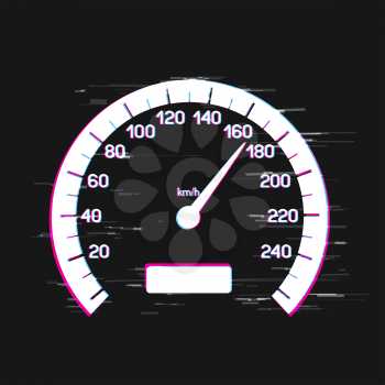 Car speed interface glitch design. White vehicle odometer on dark black background. Automobile speedometer symbol