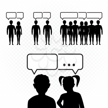 People talking set on white background. Male and female silhouette with speech bubble message communication. Group of man and woman talk. Humans speak among themselves