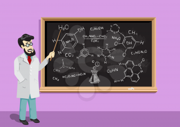 Teacher with pointer on school blackboard explains chemical formulas. Chemistry education lesson on chalkboard