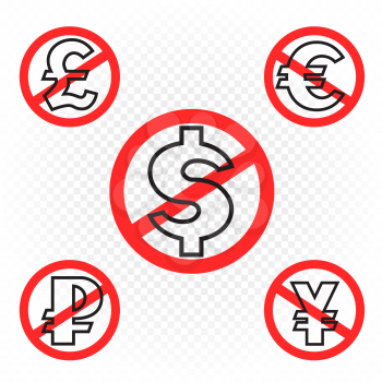 Currency prohibition sign set on white transparent background