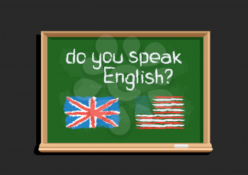 Do you speak text message draw on green chalkboard on dark background. English language education lessons illustration