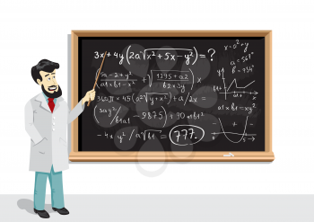 Teacher with pointer on school blackboard explains math formulas. Mathematics education lesson on chalkboard