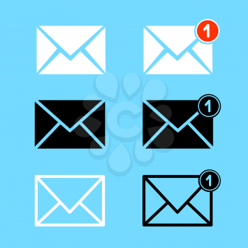 Email sign set with new or missed electronic message on blue background. White black outline e-mails collection