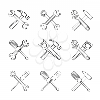 Outline drawing tools sign set. Collection of different tool symbols icon. Repair instruments wrench screwdriver saw hammer spanner