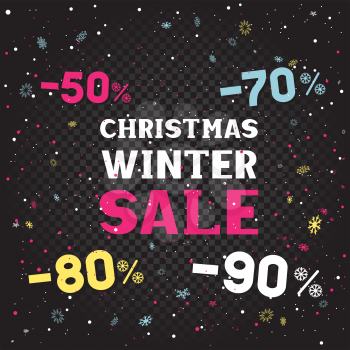 Christmas winter discount snowfall on dark background. Holiday sale offer on color snowstorm. Winter snow falling mockup. New Year shopping decoration