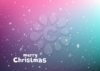 Merry Christmas text on color snowfall background. Falling snow on blue and pink sky background. Winter holiday lettering