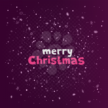 Merry Christmas snowfalls dark pink template. Falling snow on color sky background. Winter holiday lettering