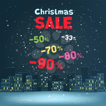 Christmas sale text and city in dark. Winter holiday night template with discount message. Holiday celebration offer