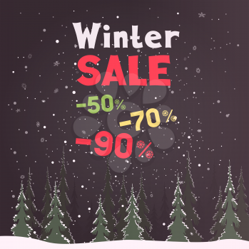 Winter sale text and forest in dark. Christmas holiday night template with discount message. Holiday celebration offer