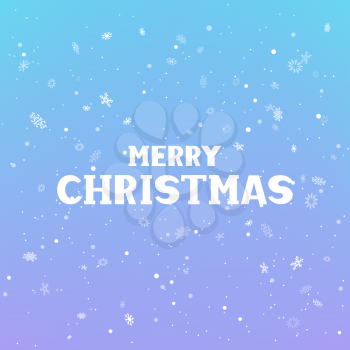 Merry Christmas text and falling snow on blue sky background. Winter holiday lettering