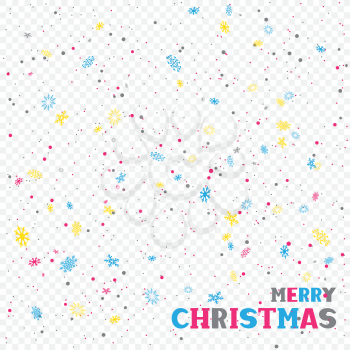 Merry Christmas text and multicolor falling snow on white transparent background. Winter holiday color lettering