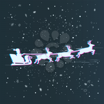 Glitch Santa fly on sleigh with reindeer on dark snowfall sky background. Christmas winter holiday night template with flying Santa Claus