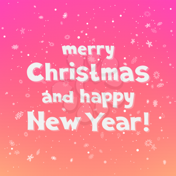 Merry Christmas and happy New Year holiday text on falling snow pink color background. Winter holiday lettering