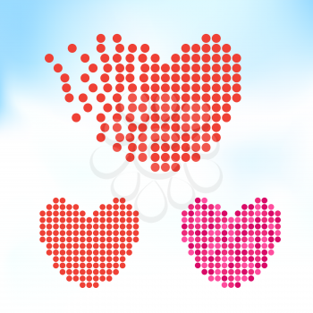 Valentine pixel heart on sky backdrop. Mosaic circles hearts set. Romantic love sign symbols disappear or appear. Holiday abstract art decoration