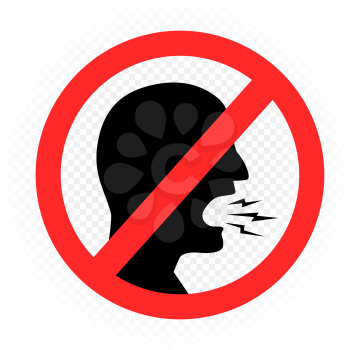 Do not shout prohibition sign symbol on white transparent background. No loud talking. Keep calmly communication sticker