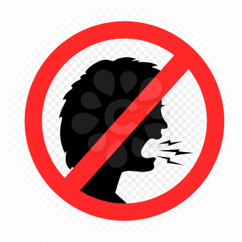 Do not shout woman prohibition sign symbol on white transparent background. No loud talking. Keep calmly communication sticker