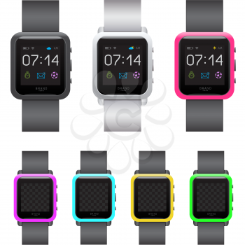 Square smart watch set on white background. Different black white color smartwatches collection. Easy to edit