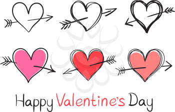 Happy Valentine outline heart pierced by an arrow set isolated on white background. Love Cupid sign concept. Romantic holiday symbol collection