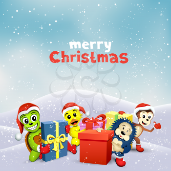 Christmas animals with gifts on winter landscape. Holiday animals turtle hedgehog monkey duck with presents stand on snowy hill. Snow falls on sky background