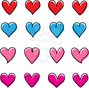 Valentine drawing color hearts with black outline set isolated on white background. Love Cupid sign concept. Romantic holiday symbol