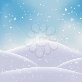 Christmas snowdrift and snowfall on blue azure sky backdrop. Winter hills and falling snow. Holiday frost nature backdrop