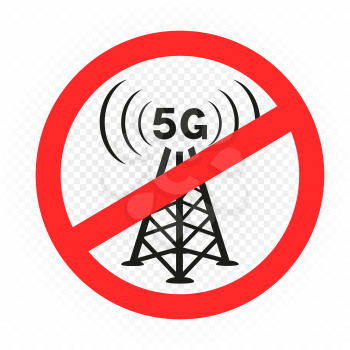 No 5g prohibition sign symbol isolated on white background. Modern comunication sign symbol ban. Stop wireless wave signal