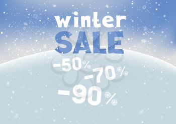 Winter sale text snowfall and snow hill on blue sky background. Holiday template with discount message. Celebration shopping offer