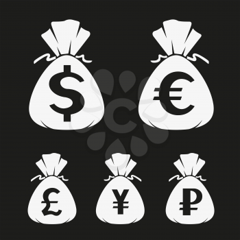 Money bag sign symbol icon set on black background. Moneybag Dollar euro yuan pound white sticker