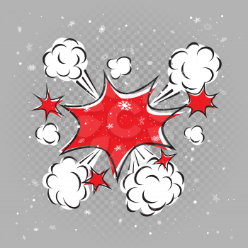 Winter snow cartoon comic explosion on gray background. Snowy splash with red burst