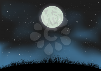 Cartoon night sky with moon and ground. Starry moonlight clouds and dark grass silhouette backdrop. Nature nightly landscape. Beautiful nature darkness meadow