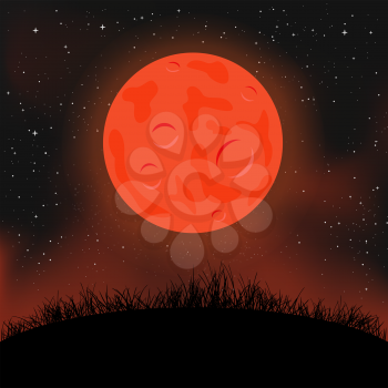 Cartoon night sky with red moon and ground. Starry moonlight clouds and dark grass silhouette backdrop. Nature nightly landscape. Beautiful nature darkness meadow