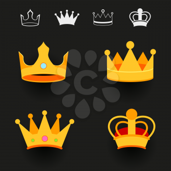 Crown set with shadow on dark background. King golden crowns collection. Monarchy royal sign symbol icon