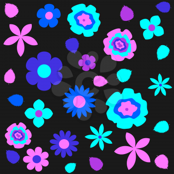 Flowers dark seamless texture. Summer or spring season pink purple blue violet flower on black background. Nature pattern decoration backdrop
