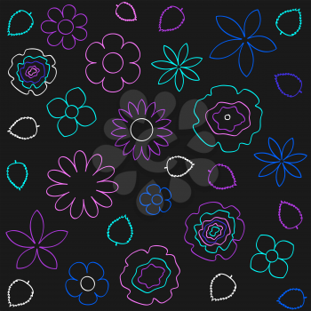 Outline flowers dark seamless texture. Spring season pink purple blue violet flower on black background. Nature pattern decoration backdrop