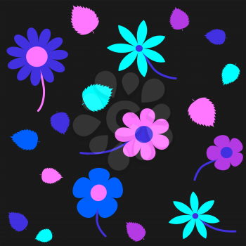 Summer flowers dark seamless texture. Spring season pink purple blue violet flower on black background. Nature pattern decoration backdrop