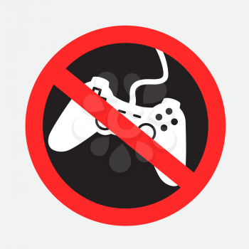 Ban to play computer console games dark sticker isolated on gray background. Playing video game prohibition sign