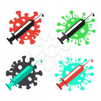 Coronavirus vaccine sign symbol icon set on white background. Stop covid-19 infection illustration. Syringe and virus silhouette on background