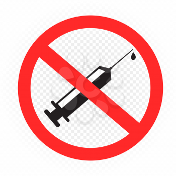 Do not inject medicines drugs or vaccine sign sticker on white transparent background. No inoculation area symbol. Vaccination forbidden label